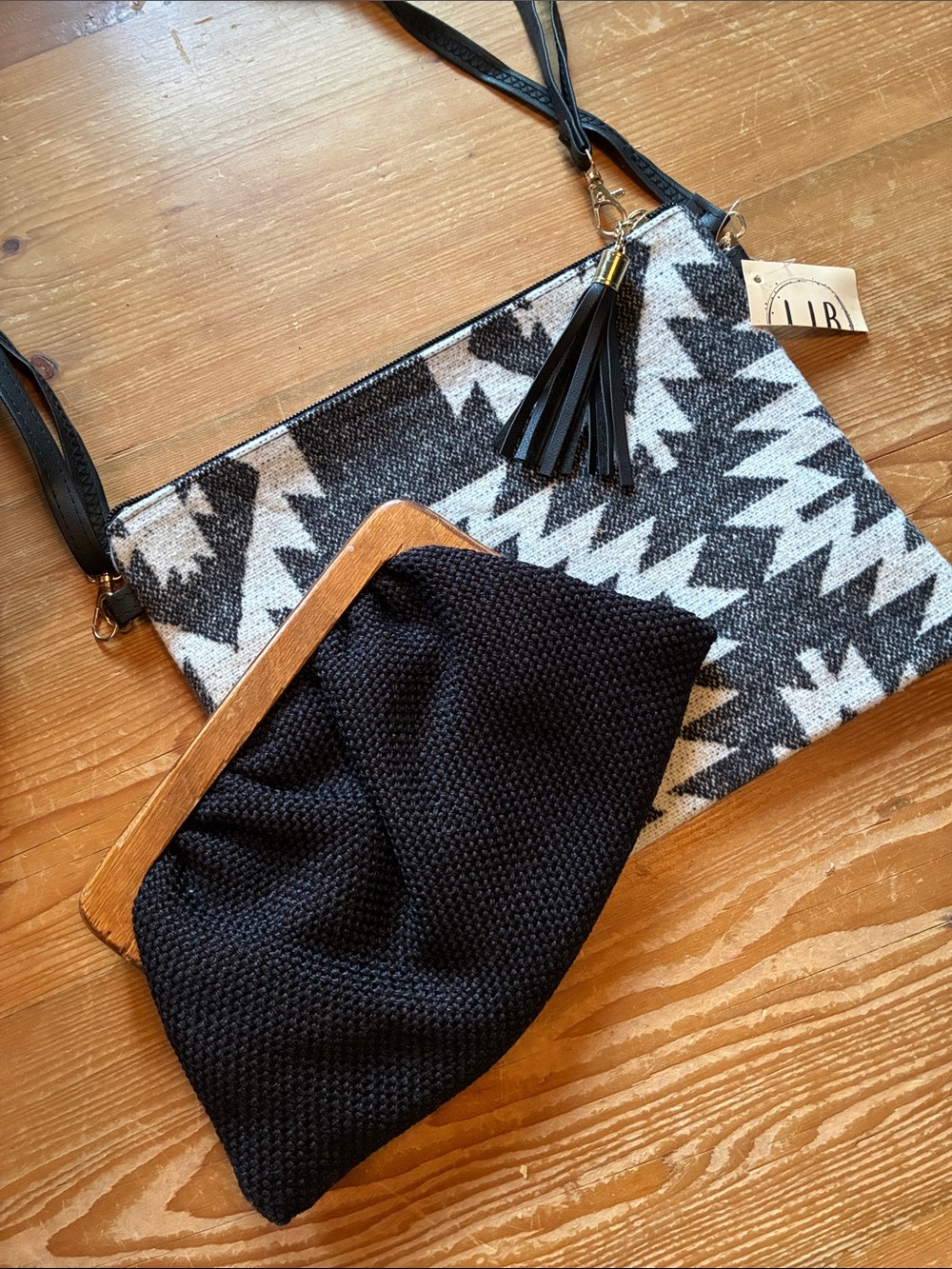 Aztec Pattern Crossbody & Vintage 70's Ande Black Linen Wood Clutch Bags